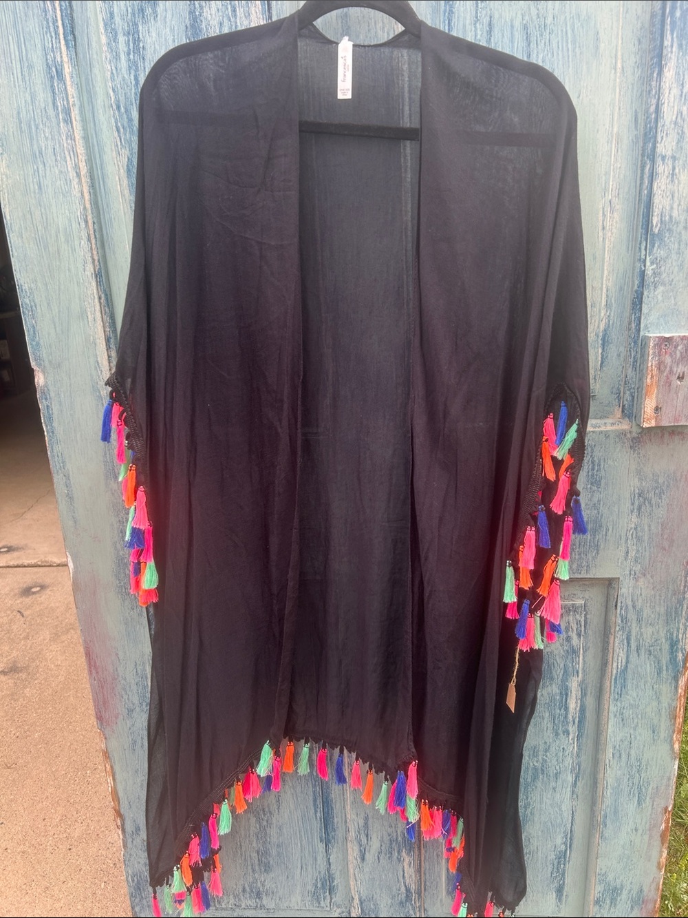 Francesca’s collection boho bohemian gypsy witchy neon tassel black kimono